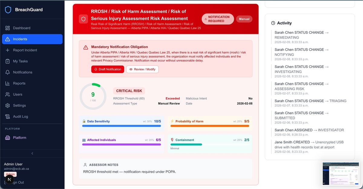 BreachGuard incident intake form with AI-assisted category suggestion and data-type detection.
